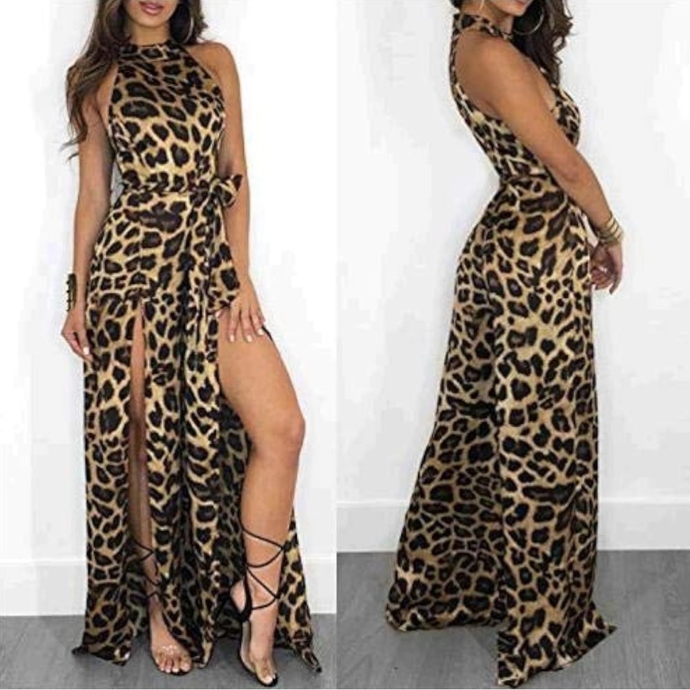 Sexy satin halter cheetah print double slit jumpsuit